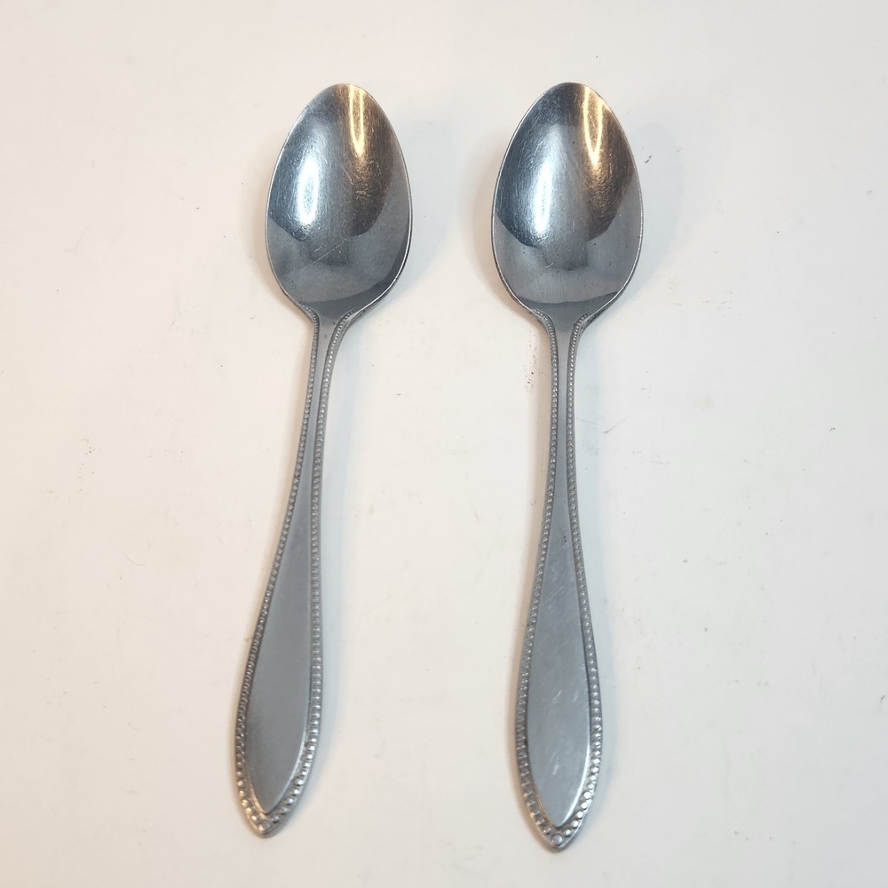 Imperial International Florentine Bead Stainless Soup Spoons Japan Set of 2 Vtg